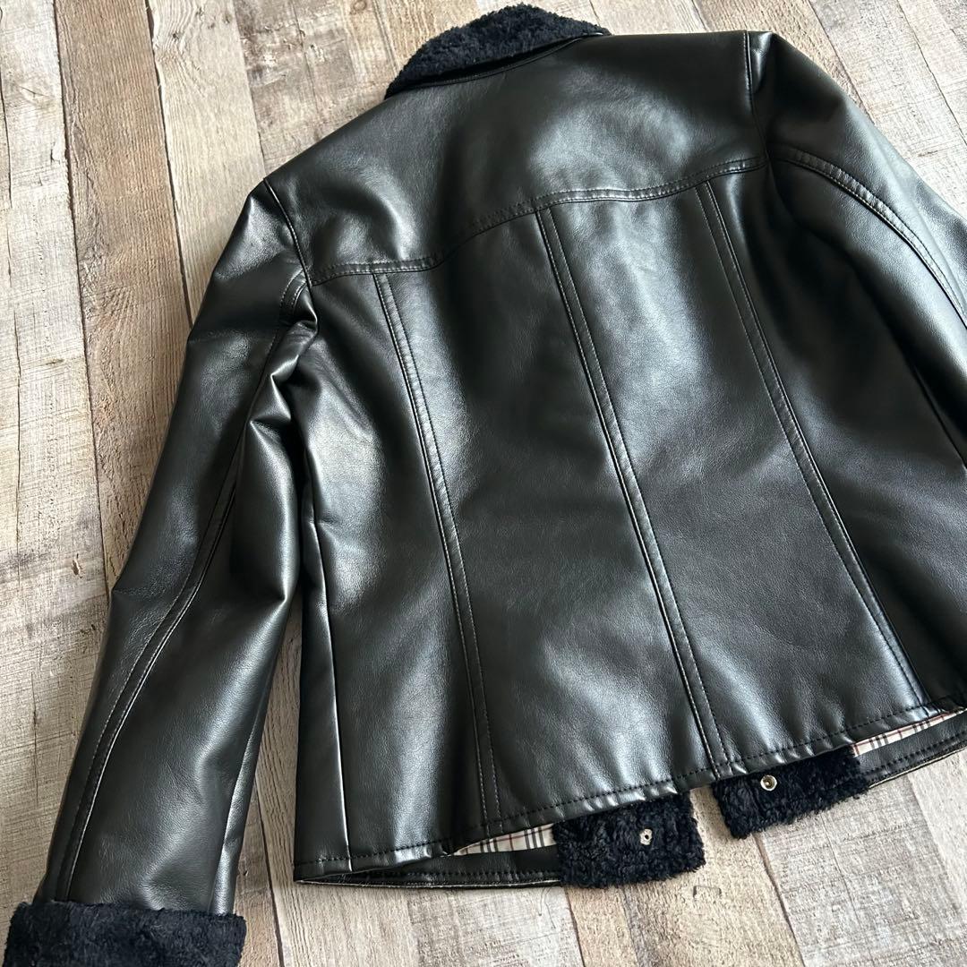 バーバリーブルーレーベル✿ボアジャケット 合成皮革 裏地ノバチェック 38 黒
