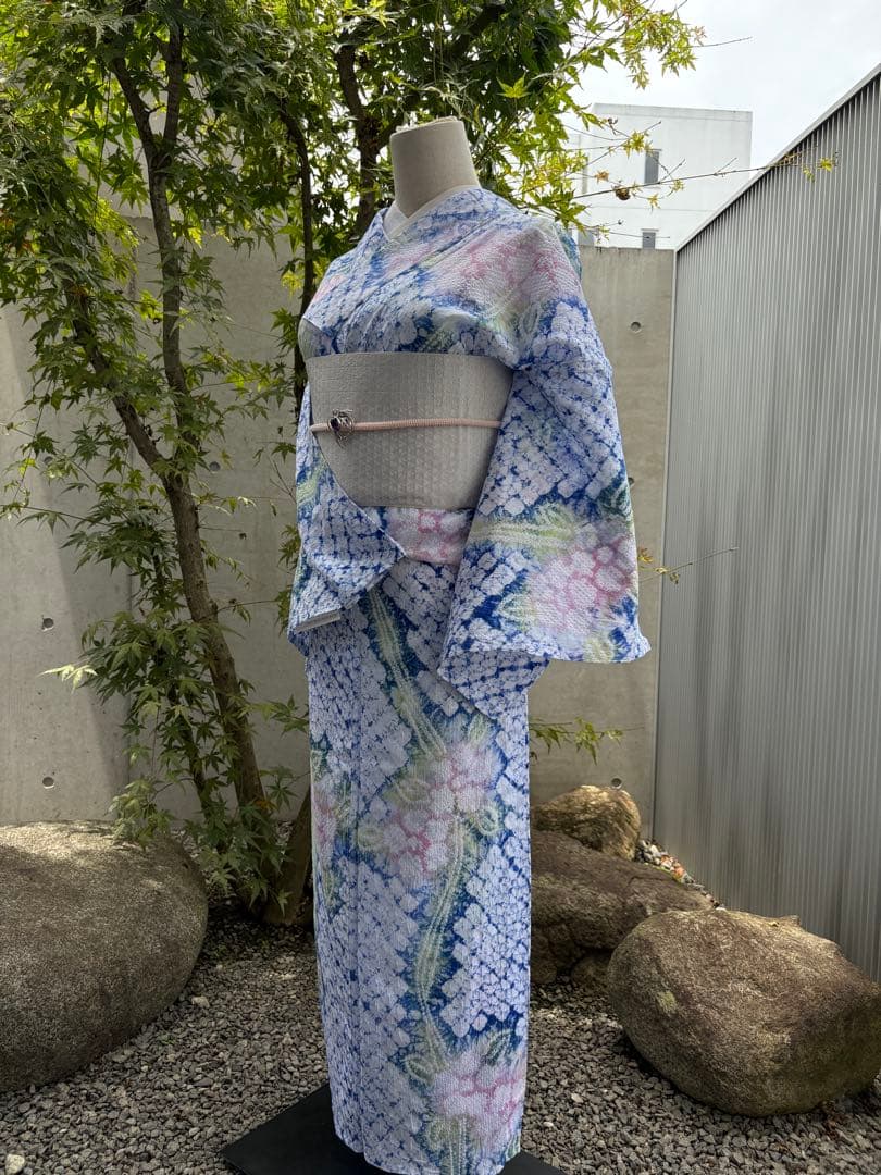 有松絞り浴衣新品 仕立て上りhanashibori白青地