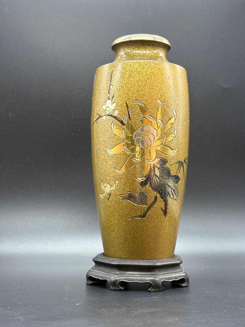 鋳銅 唐木花台付 花紋 花瓶 /金工 花器 花入