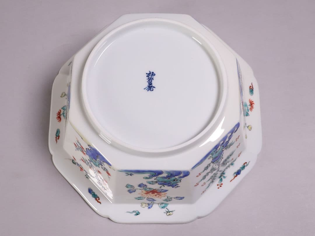 十二代 酒井田柿右衛門 錦 草花紋 八角 菓子器 鉢 共箱【MA683】