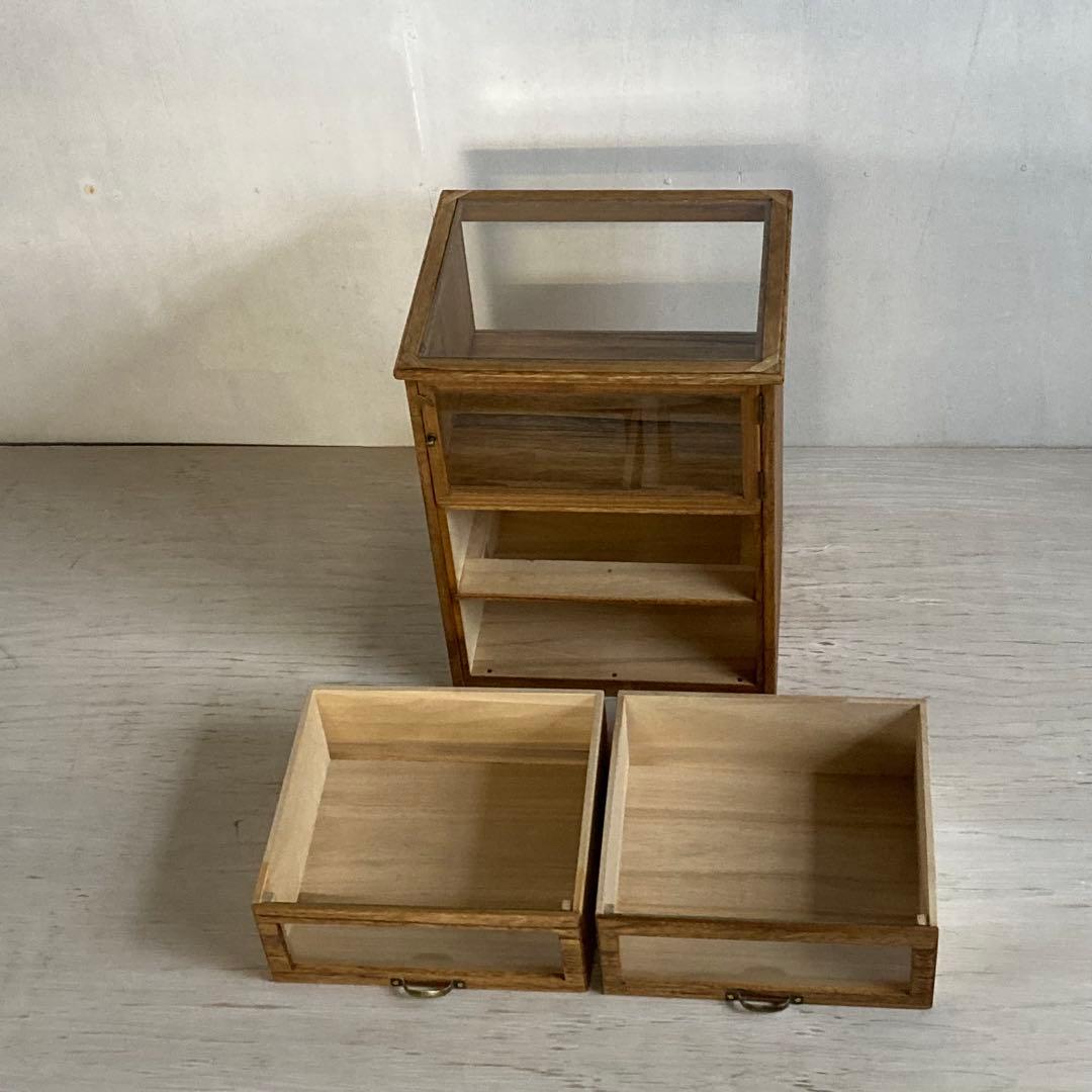 古い木製ガラスケース 引き出し付き 卓上 ショーケース 小物入れ 糸ケース