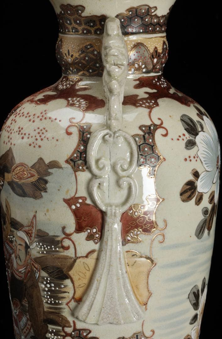 薩摩焼 金襴手色絵耳付武者図花瓶 共箱付 36.5㎝ 花器 飾壺 古美術 骨董品