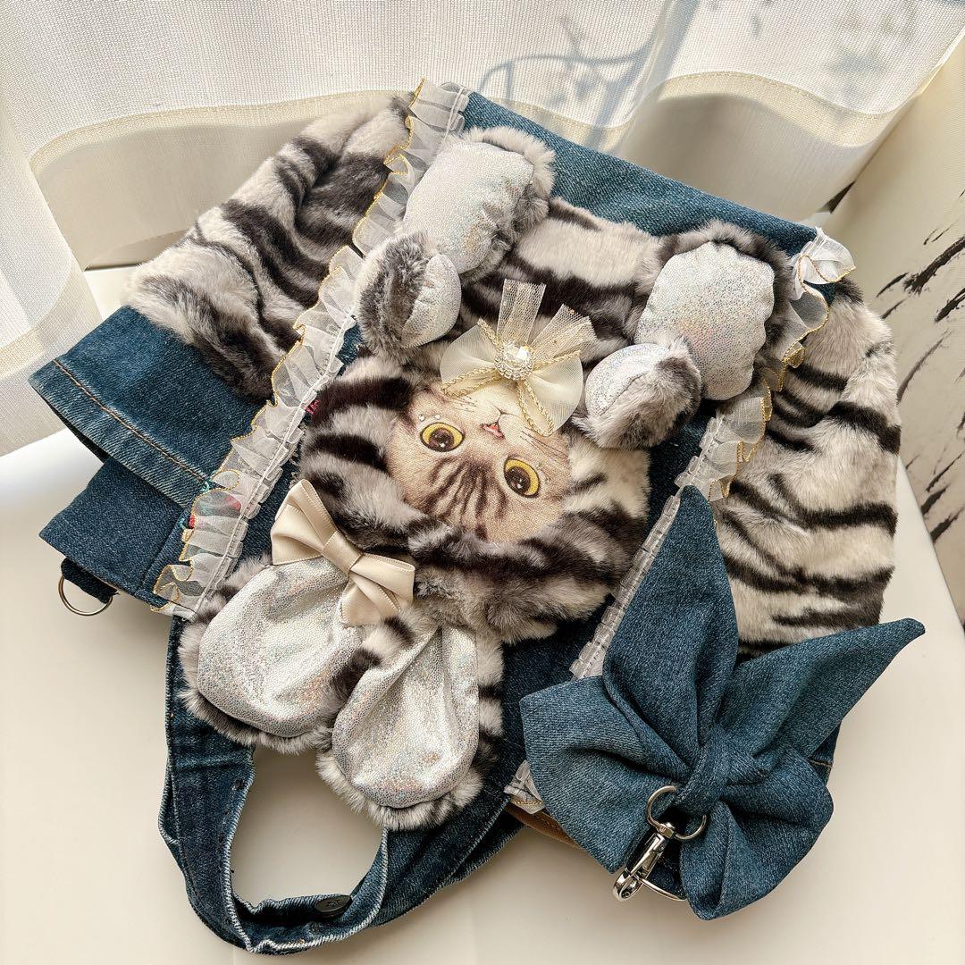 m*e様 コヤンイサムチョン　バッグ　アメショ風　タビー柄　ハンドメイド　デニム