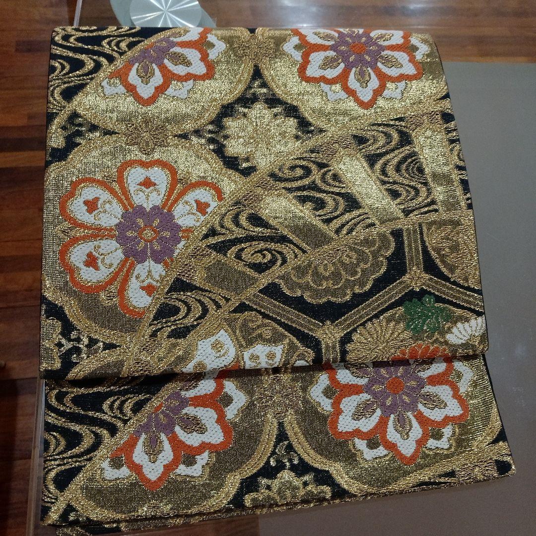 試着程度の極美品❣️西陣織物　華文様六通袋帯　正絹　金糸　ゴージャス♡黒地♡素敵