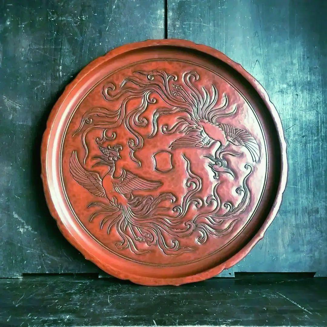 最高級 博古堂　48㎝ 超大型 　鳳凰・古鏡モチーフ　丸盆・丸皿