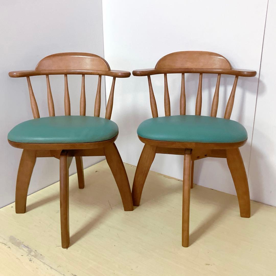 木製　回転チェア　2脚セット　ダイニングチェア　回転椅子　北欧　座面グリーン