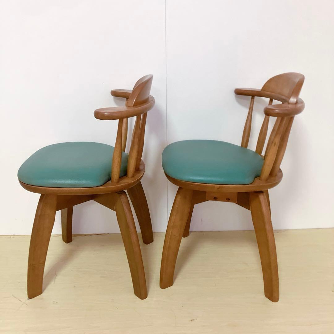 木製　回転チェア　2脚セット　ダイニングチェア　回転椅子　北欧　座面グリーン