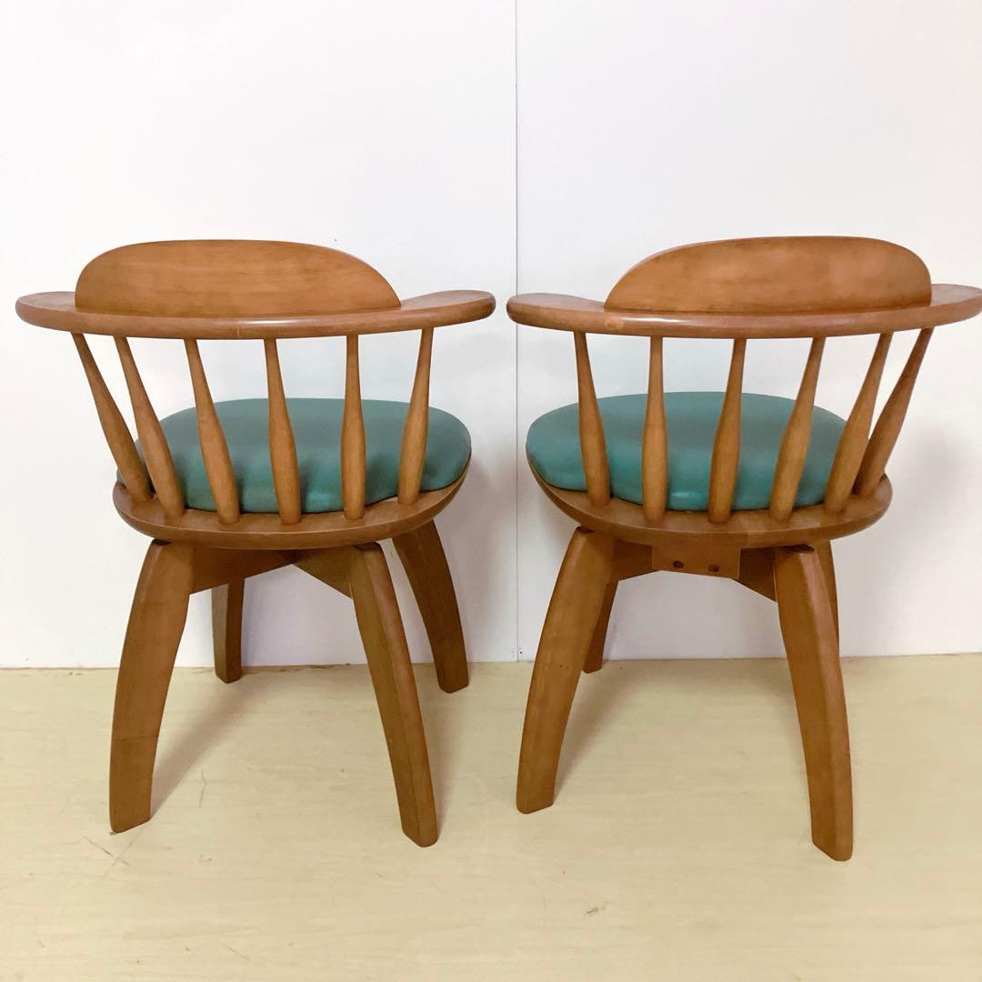 木製　回転チェア　2脚セット　ダイニングチェア　回転椅子　北欧　座面グリーン