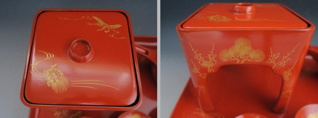 【輪島塗】屠蘇器 稲忠漆芸堂謹製 鶴亀松竹梅 沈金 洗朱 壱組 天然木 共箱