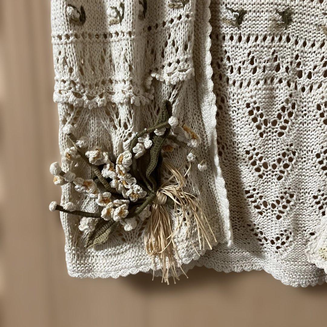 ビンテージ　ピンクハウス　透かし編みカーディガン 花飾り付き