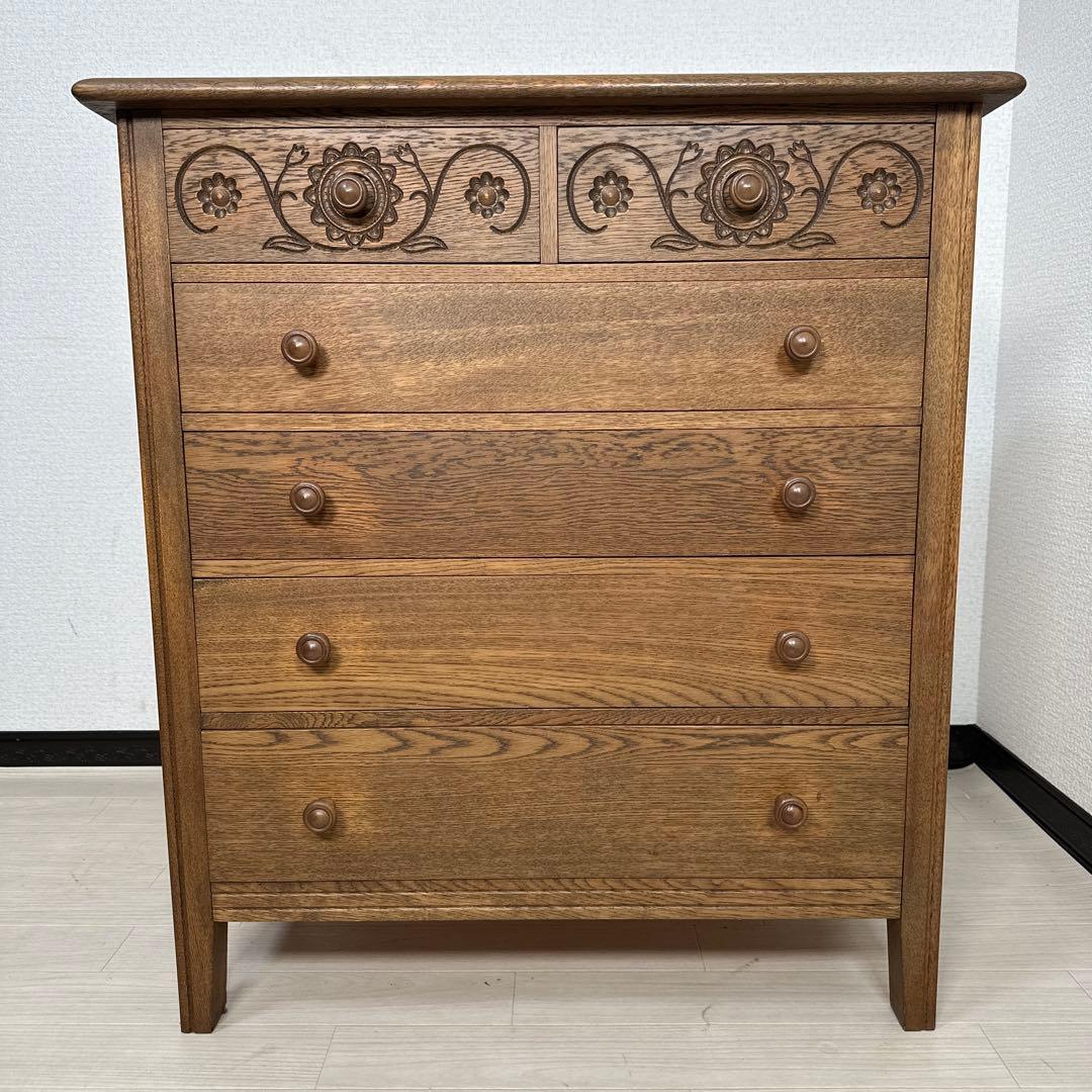 極美品 葉山ガーデン 花柄 ミドルチェスト オーク材 レリーフ 手作家具 i4※