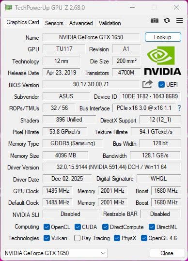 [中古] ASUS GeForce GTX 1650 4G