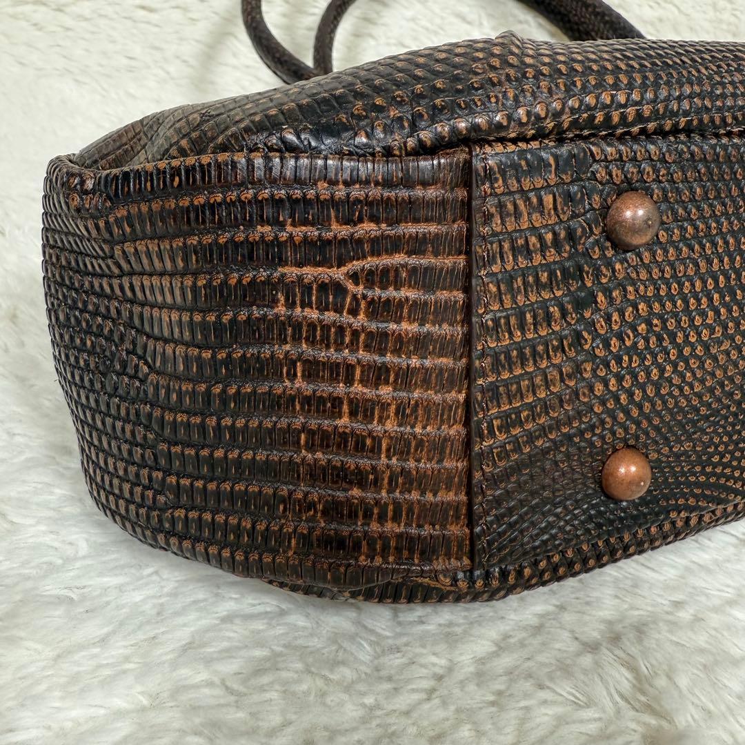 【美品】JRAタグ付 リザード 本革 ハンドバッグ ブラウン 茶 ヴィンテージ
