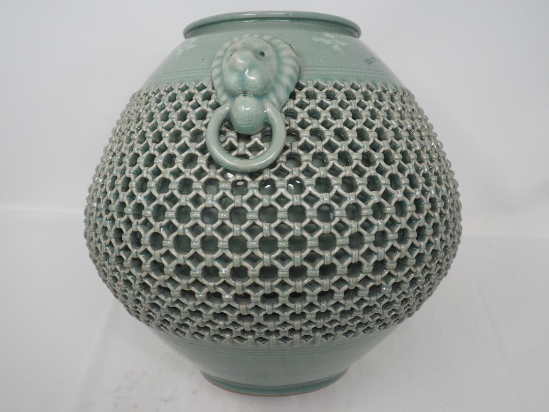 網目透かし彫り壺　鶴　獅子　東泉　-SO