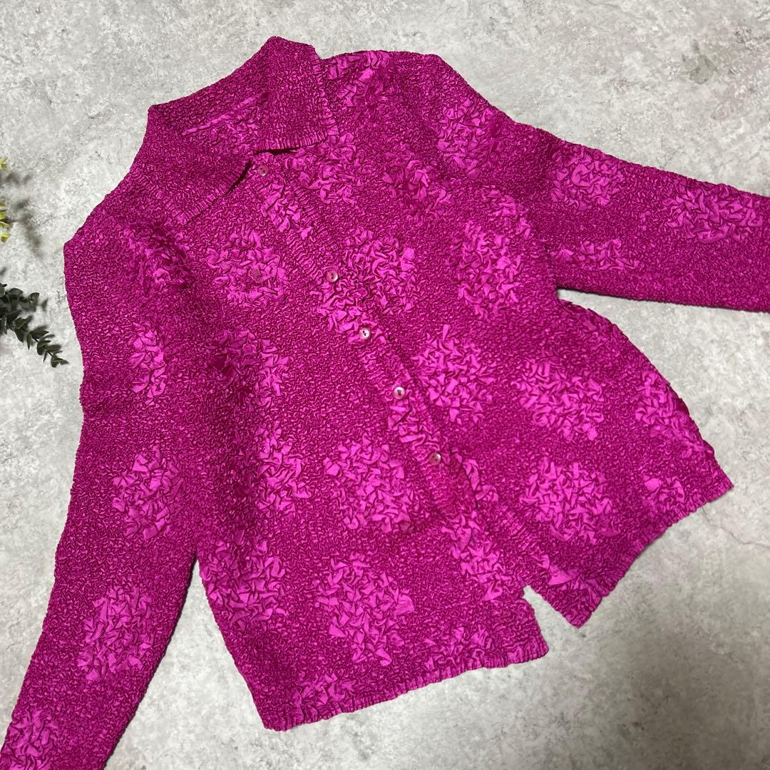 プリーツ シワ加工　ドット　デザイン　シャツブラウス　カットソー　ピンク