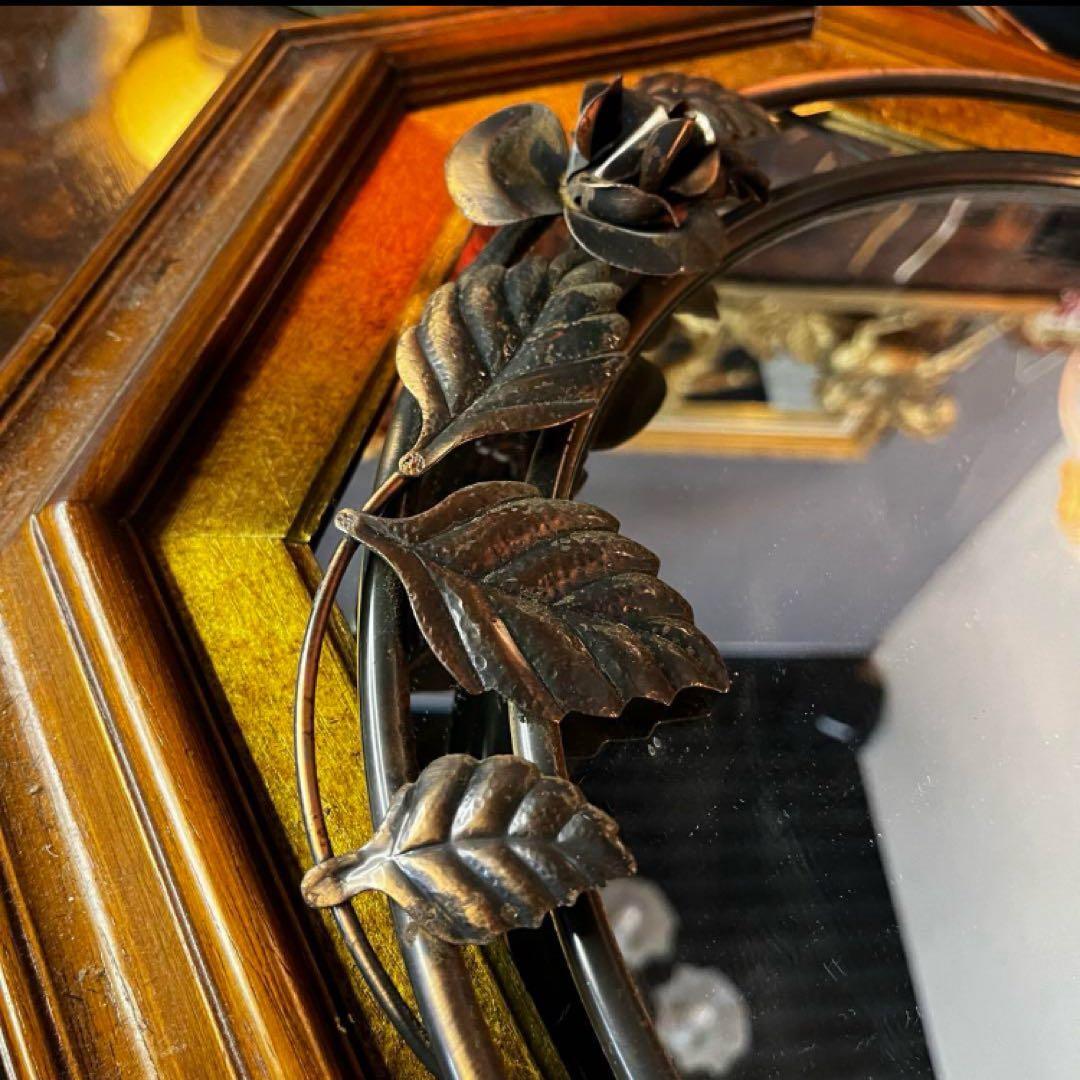 湯布院アンティーク ヨーロピアン ビンテージ ウォールミラー ローズ　照明付き