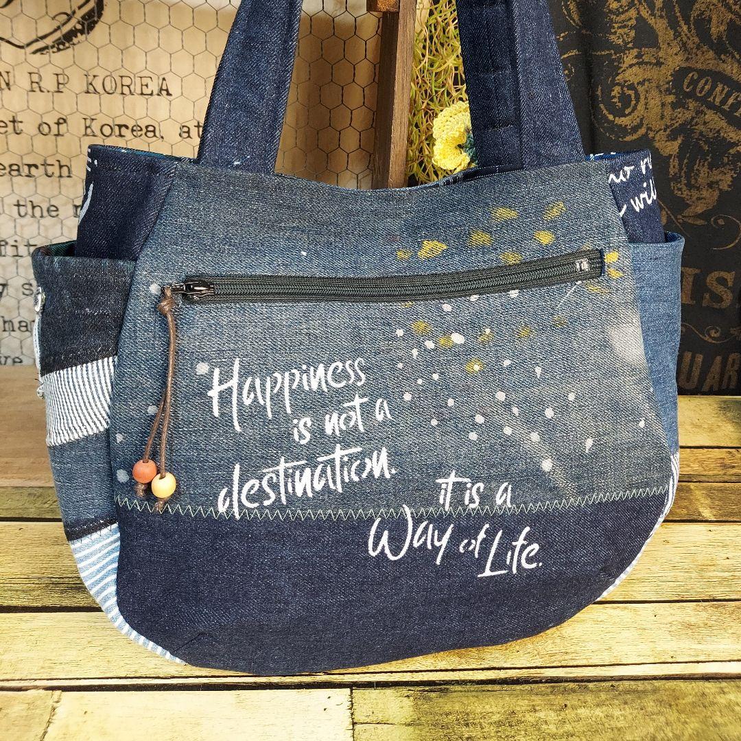刺繍デニムバック　No.636　デニムリメイク　チューリップバック　スマイリー