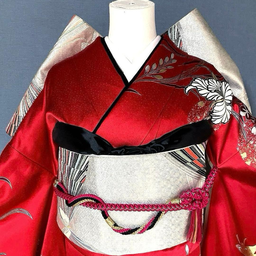 振袖フルセット　高身長　手描き友禅　成人式振袖　振袖　裄丈68 赤黒　バタフライ