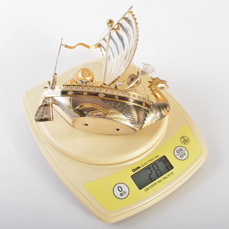大阪尚美堂製　銀製　宝船　約287g　置物　ガラスケース付　F　R6756B