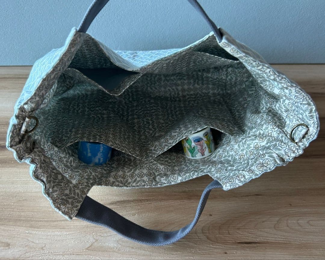 ミナペルホネンハンドメイドシャーリングバッグ（マーメイド、ライトブルー）