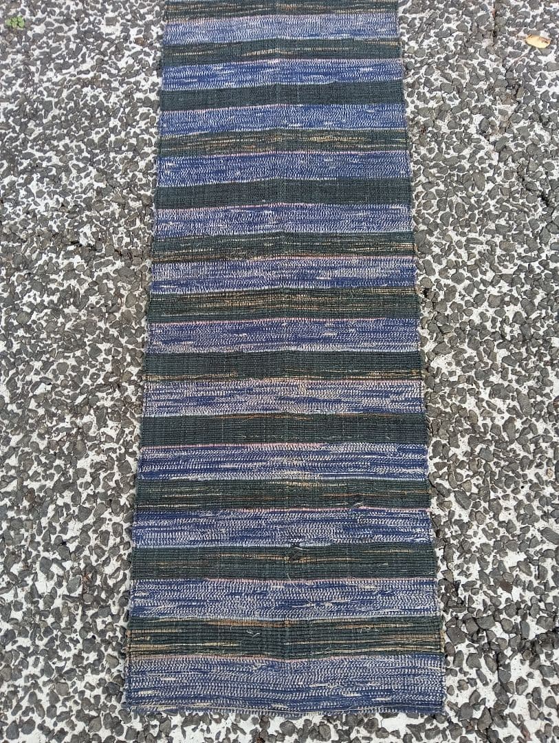 青と緑のストライプ 織物ランナー、裂織