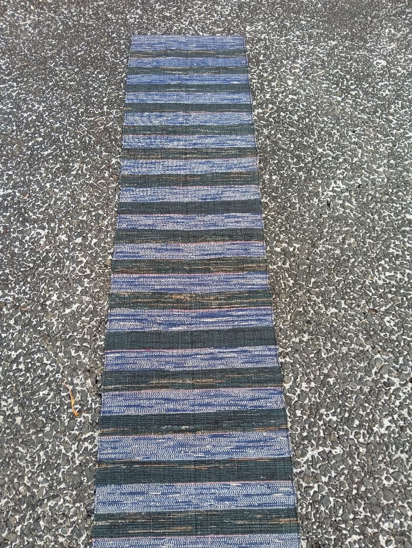 青と緑のストライプ 織物ランナー、裂織