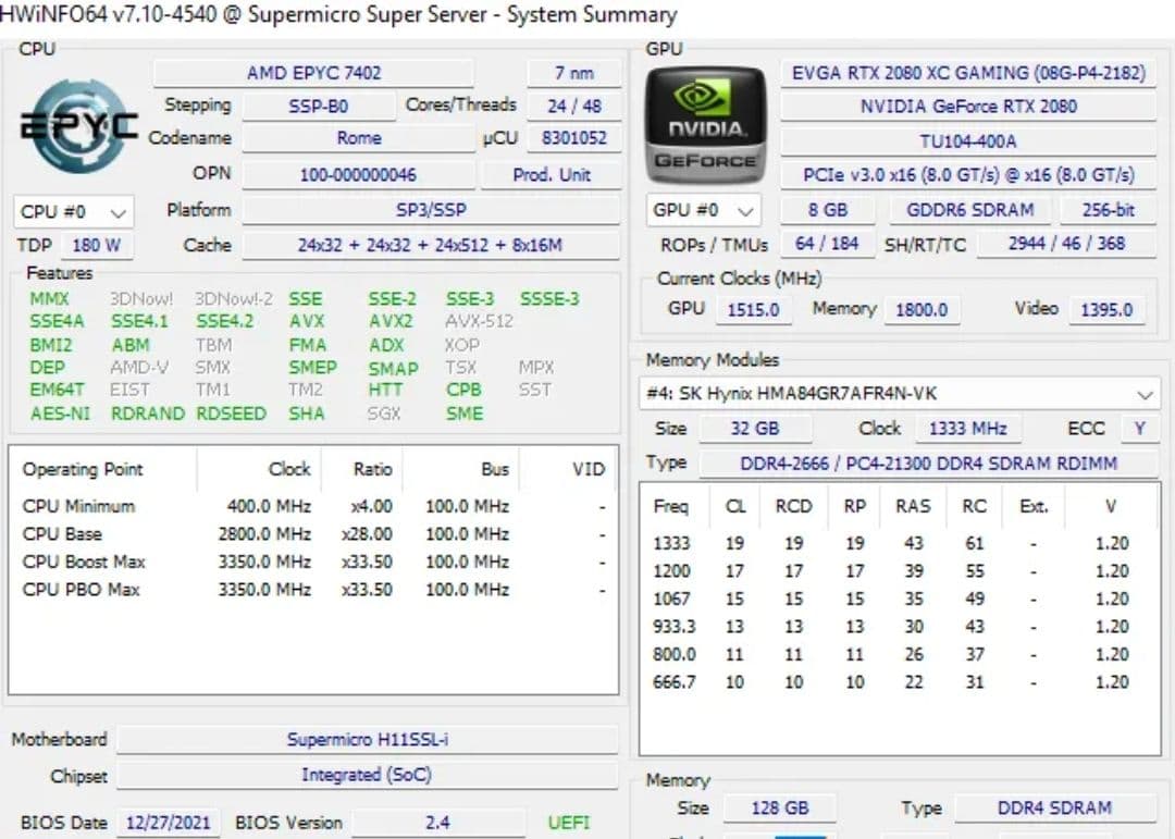 サーバーコンピュータ、EPYC 7402、128GB メモリ、 RTX2080、