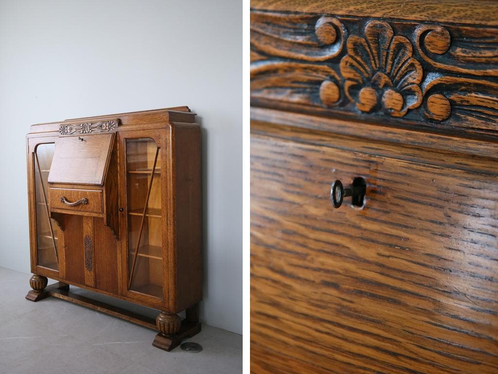 英国アンティークガラスキャビネット付きビューロー/机デスク/飾り棚(92-237