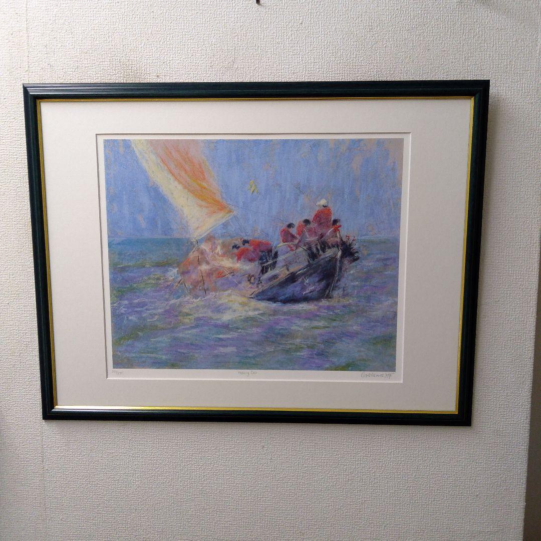 版画　横　特寸法　ヨット　海　額装仕上げ品