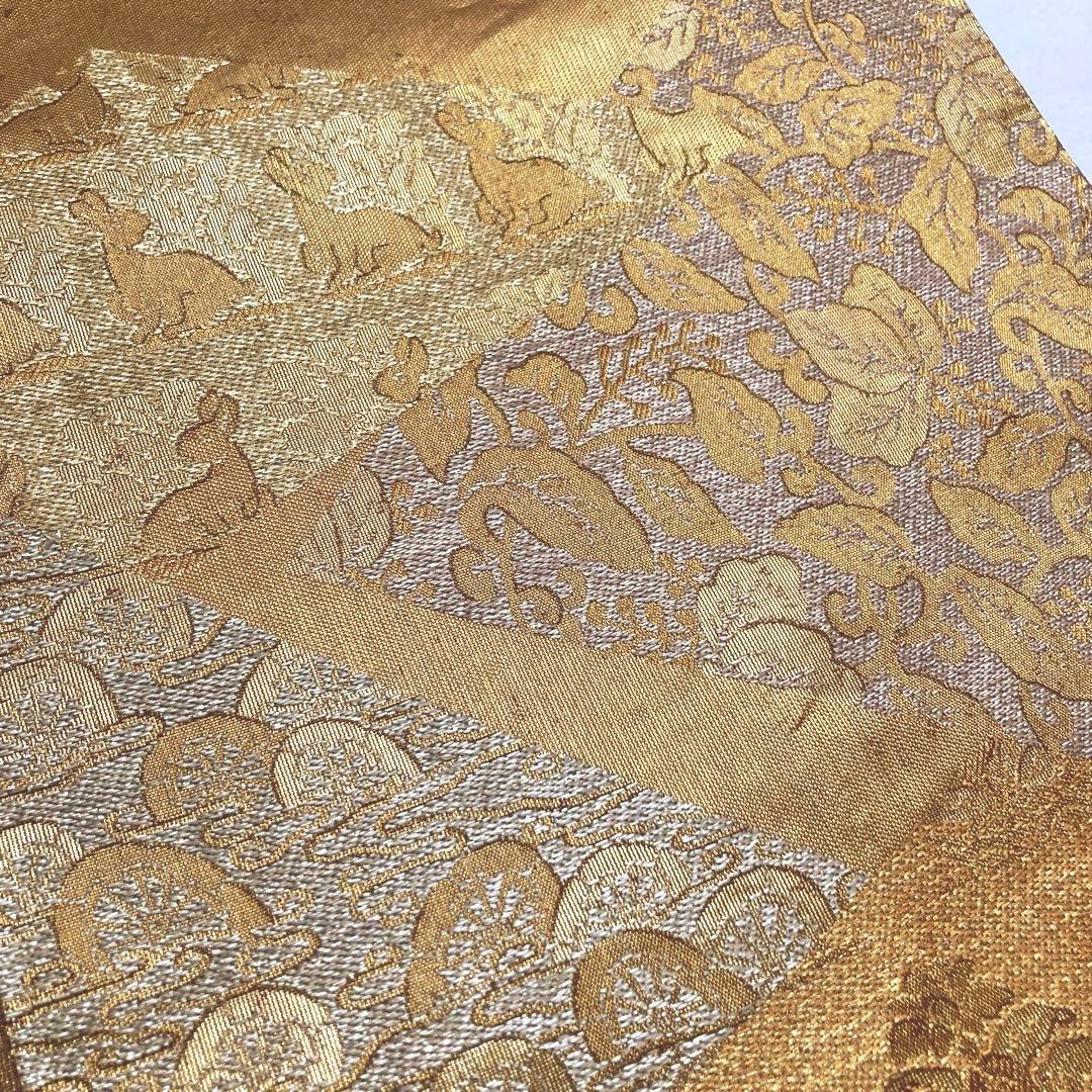 マリリン　袋帯【洛風林】工芸帯地 正絹 色紙花兎文 全通柄 金糸 金色