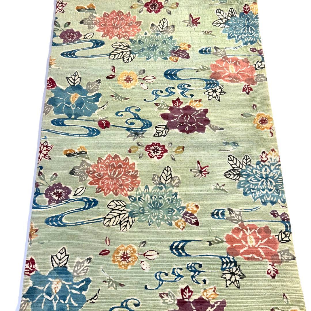 5k2399 名古屋帯　絹　紅型　浜紬　緑　赤　青　黄色　白　花柄　和装　着物