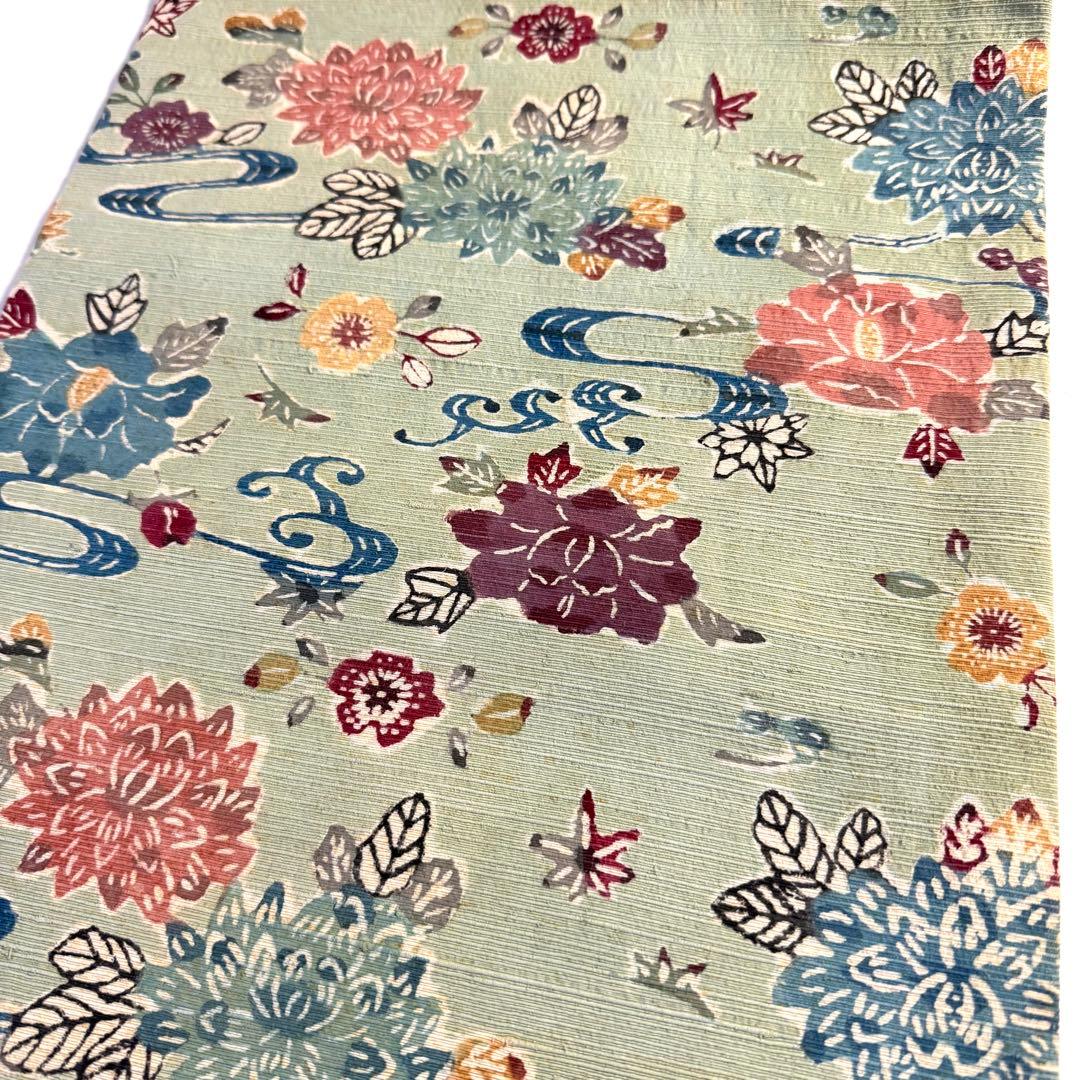 5k2399 名古屋帯　絹　紅型　浜紬　緑　赤　青　黄色　白　花柄　和装　着物