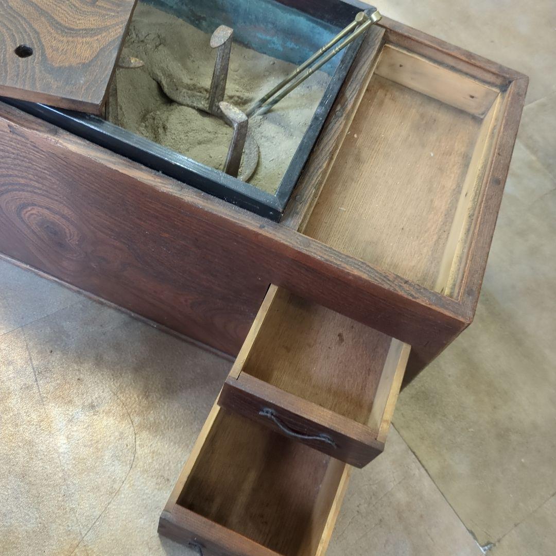 骨董 長火鉢 瓢箪五徳、火箸、灰付き 引き出し 関東火鉢 小振り