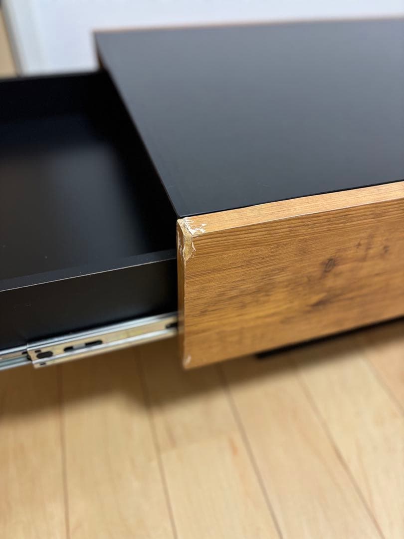 センターテーブル 黒ガラス天板 木製引き出し付き