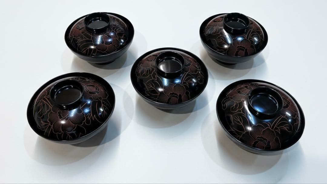 【最高級】輪島塗 沈金 牡丹彫 吸物椀 5客セット 共箱・布付き 天然木 漆器