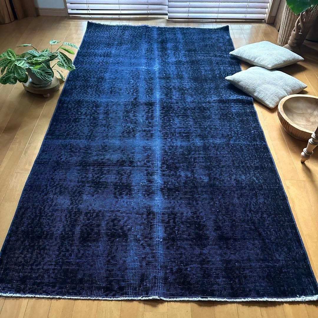 112.5×209藍色オーバーダイ　ワンカラーラグ　トルコヴィンテージラグ