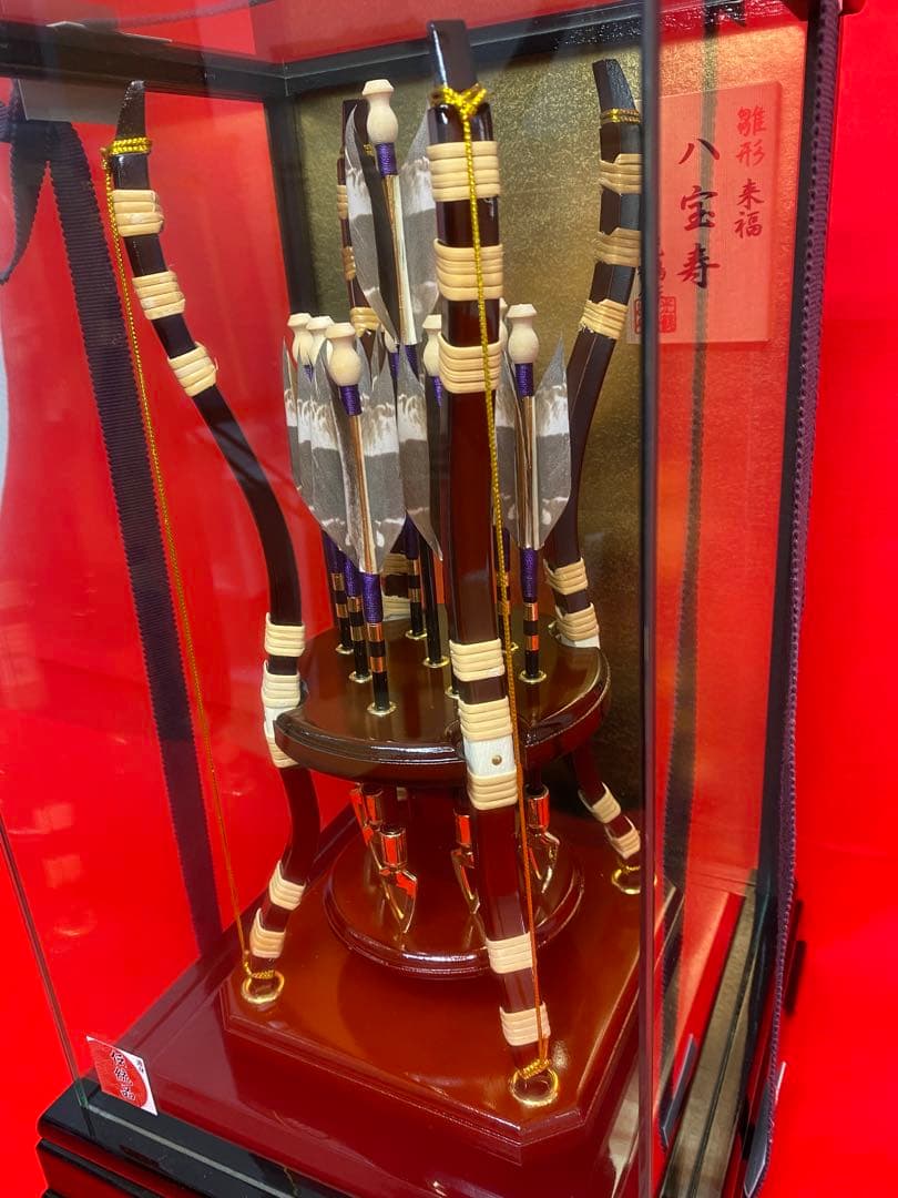 破魔弓　光鶴作　パノラマガラスケース・間口約２３×奥行約２３×高さ約３８㎝