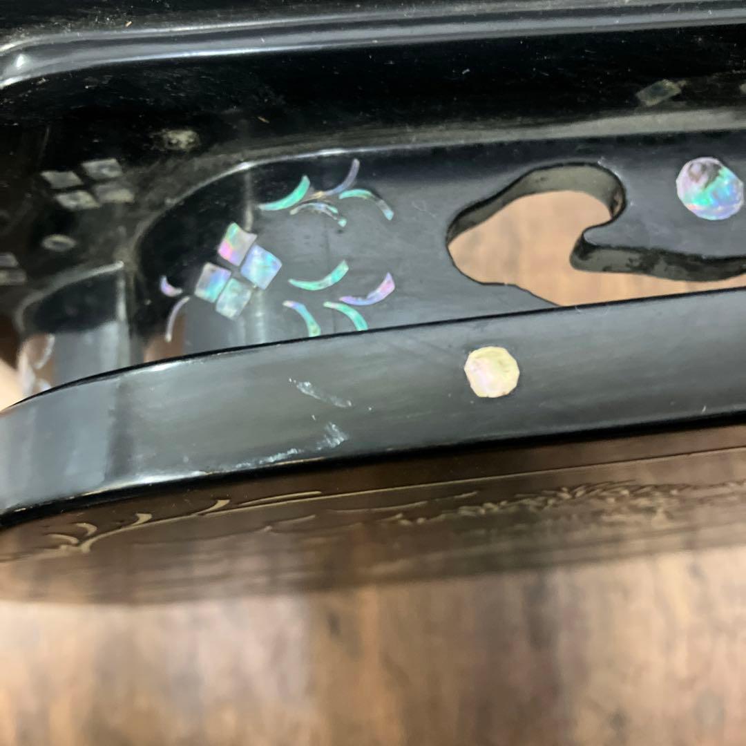 B-3 中国骨董 花台 ミニテーブル 飾り台 黒漆 風景画 絵柄 螺鈿細工 盆栽