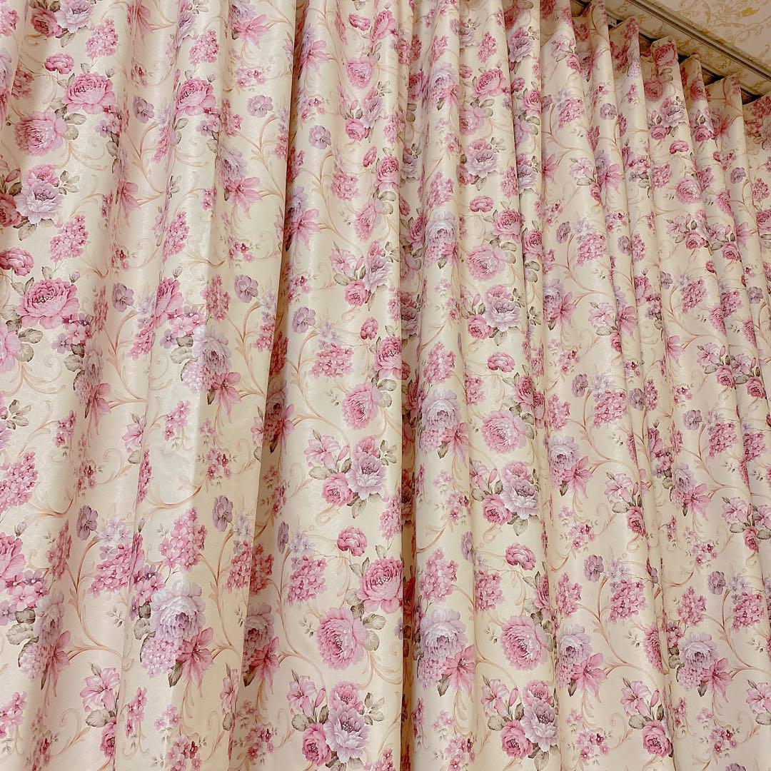 120cm 北欧 花柄 ヨーロピアン 両面柄 花柄 オーダーカーテン ピンク