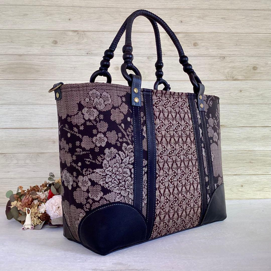 大島紬×本革 着物リメイク トートバッグ 和装バッグ ハンドメイド A4 花柄