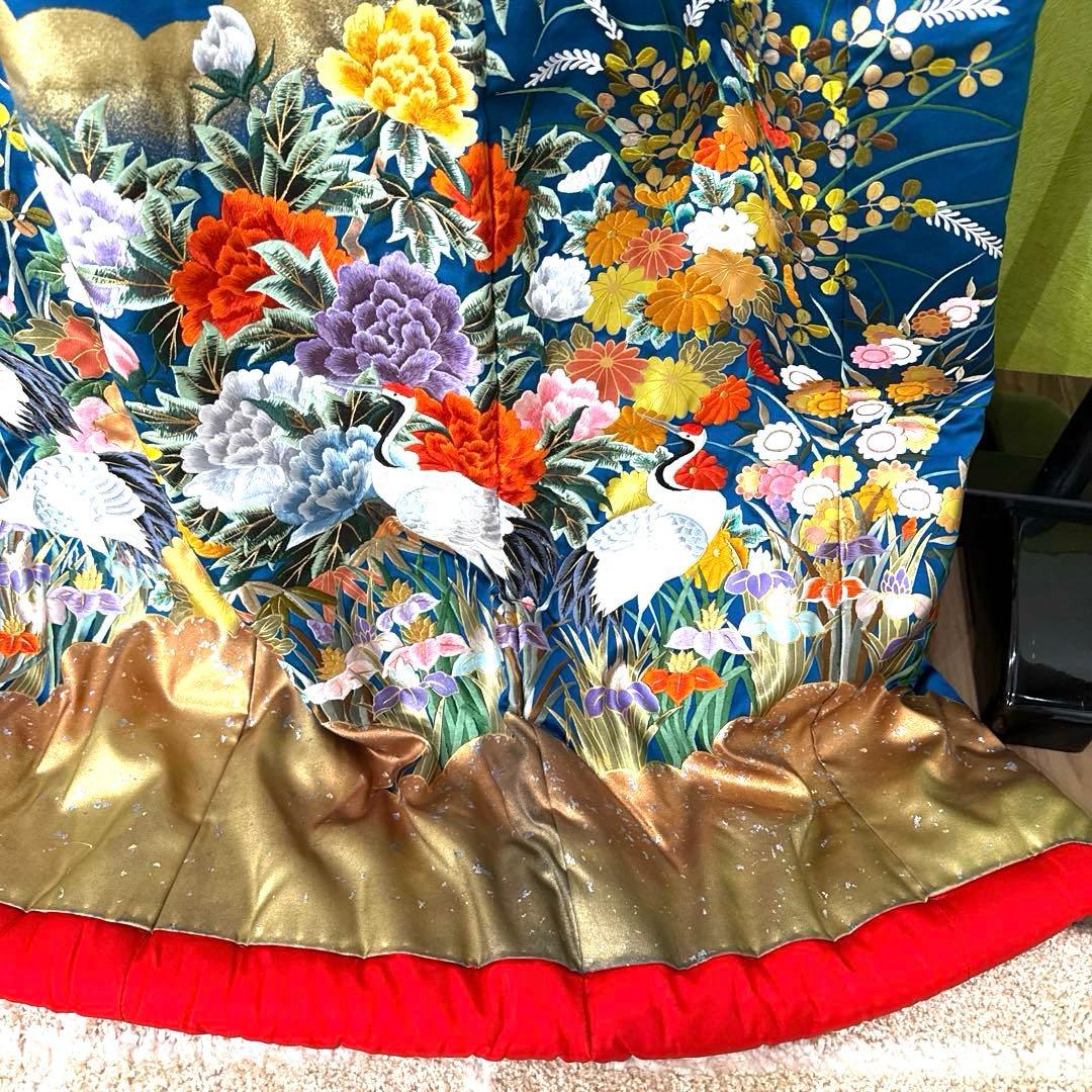 青色 鶴と花の刺繍 色打掛