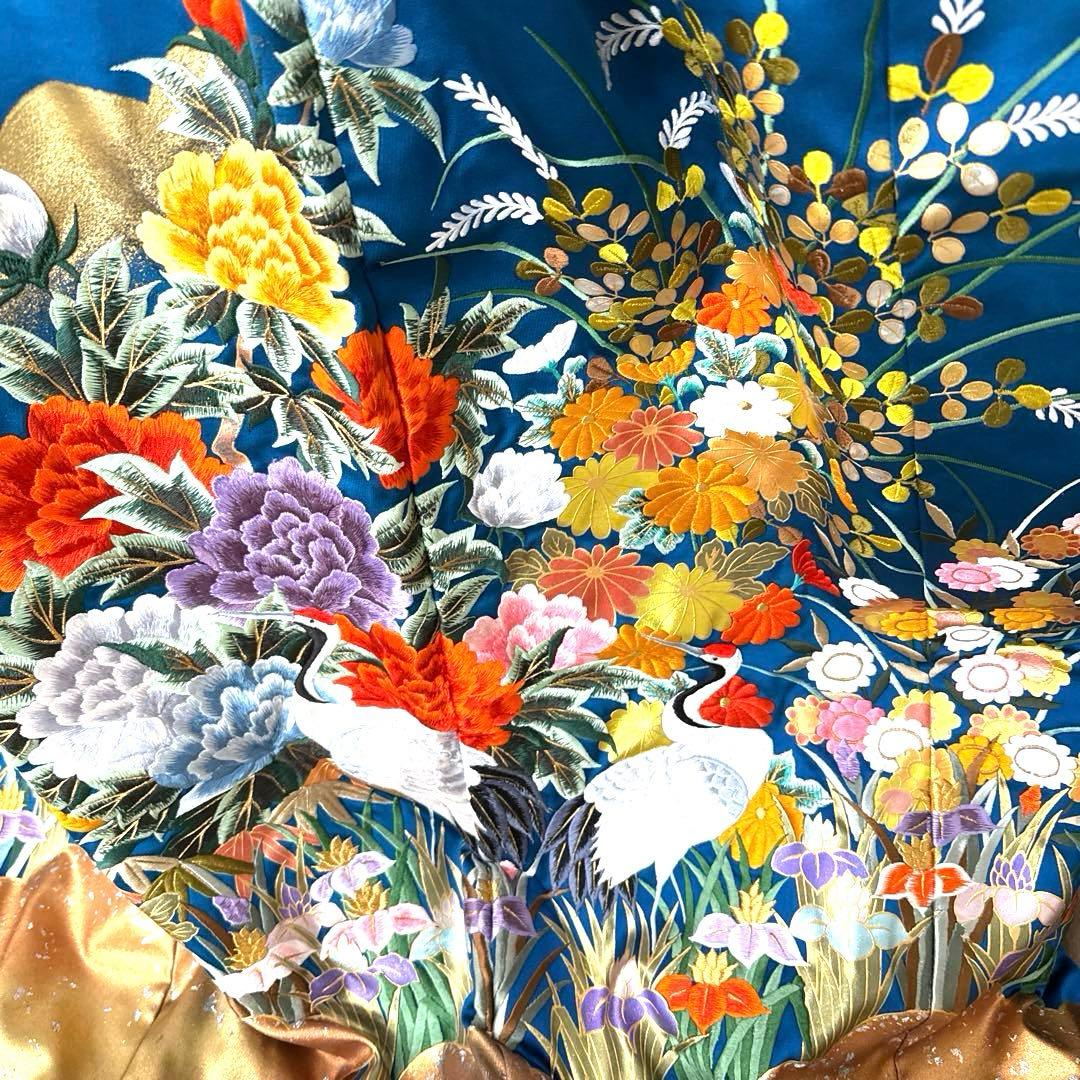 青色 鶴と花の刺繍 色打掛