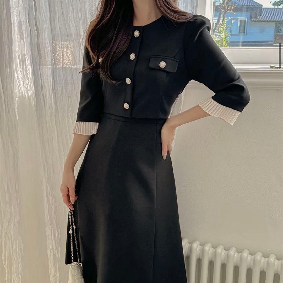 DHOLIC パール調ボタン プリーツ 7分袖 ツイード Aライン ワンピース