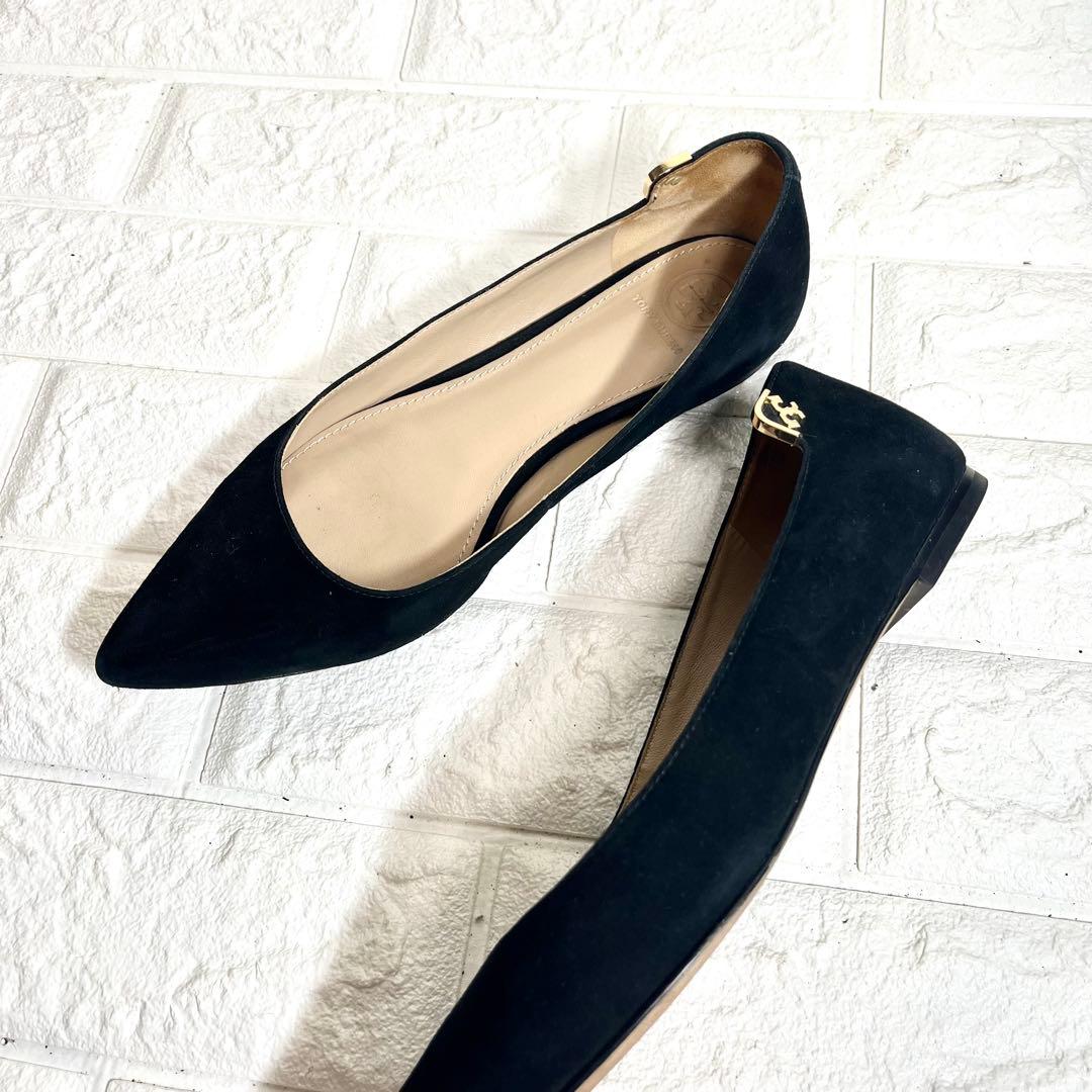 【美品】TORY BURCH メタルロゴ　ポインテッドトゥ フラットシューズ