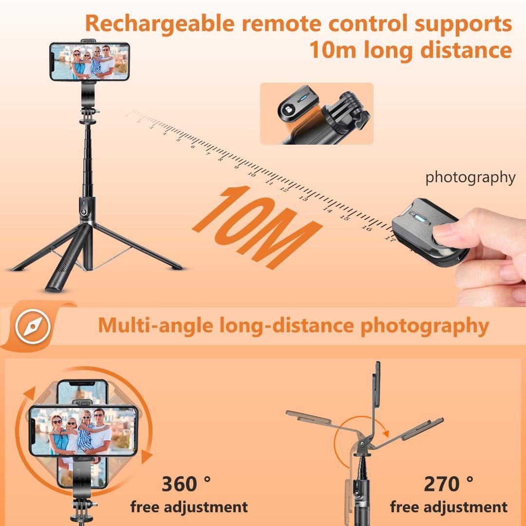 マルチ機能176cm自撮り棒＆三脚 - 360°全方位調整と着脱式リモコン