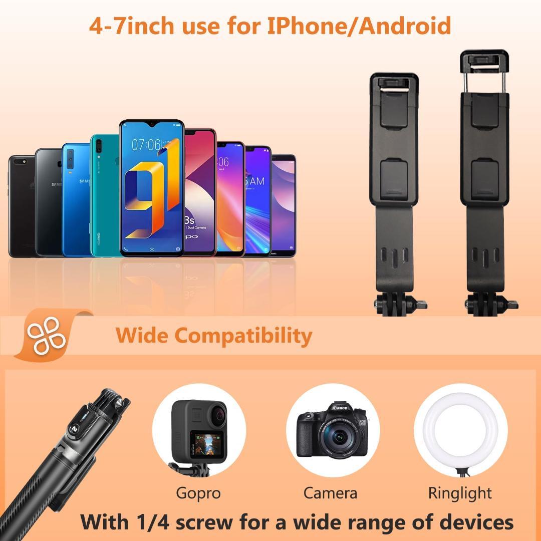 マルチ機能176cm自撮り棒＆三脚 - 360°全方位調整と着脱式リモコン