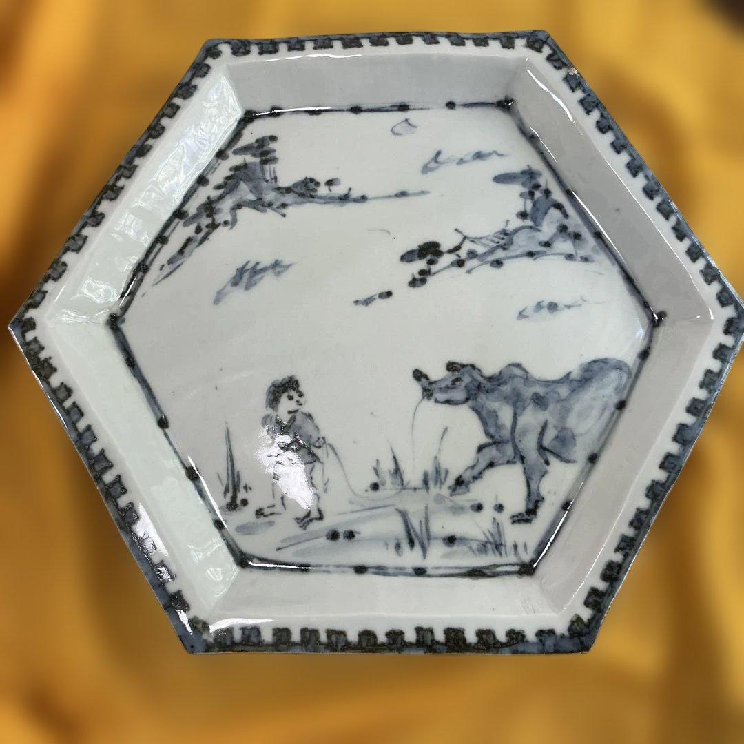 坪島土平　染付童牛絵六角鉢　廣永窯　美品　35cm
