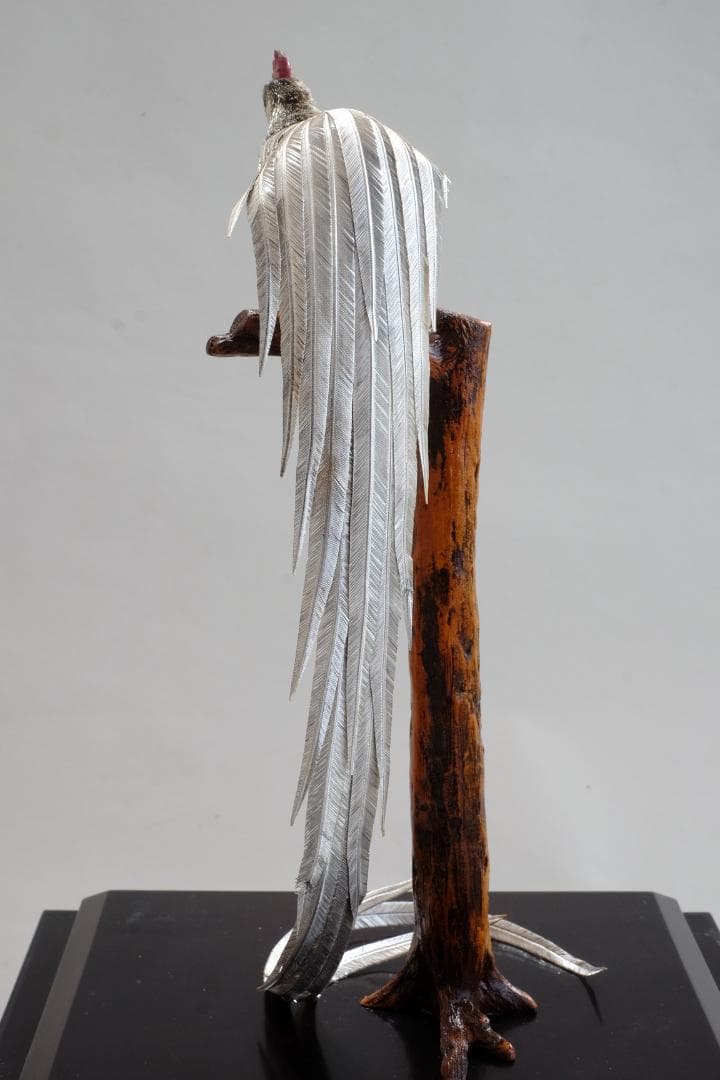 光則作　大淵武則　純銀製　尾長鶏　ガラスケース　収納箱　 純銀 ガラスケース付