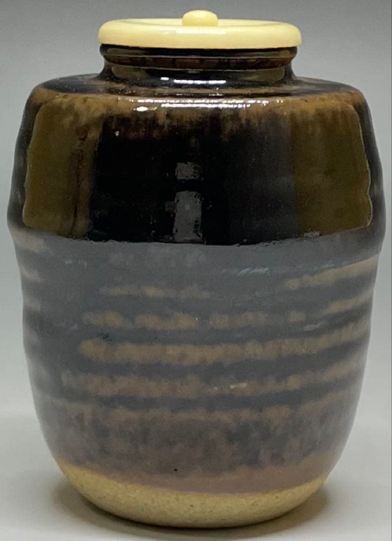 膳所焼　淡海ぜぜ　陽炎園　肩衝茶入 茶道具　仕覆　共箱(四方桟盛蓋) 　V11