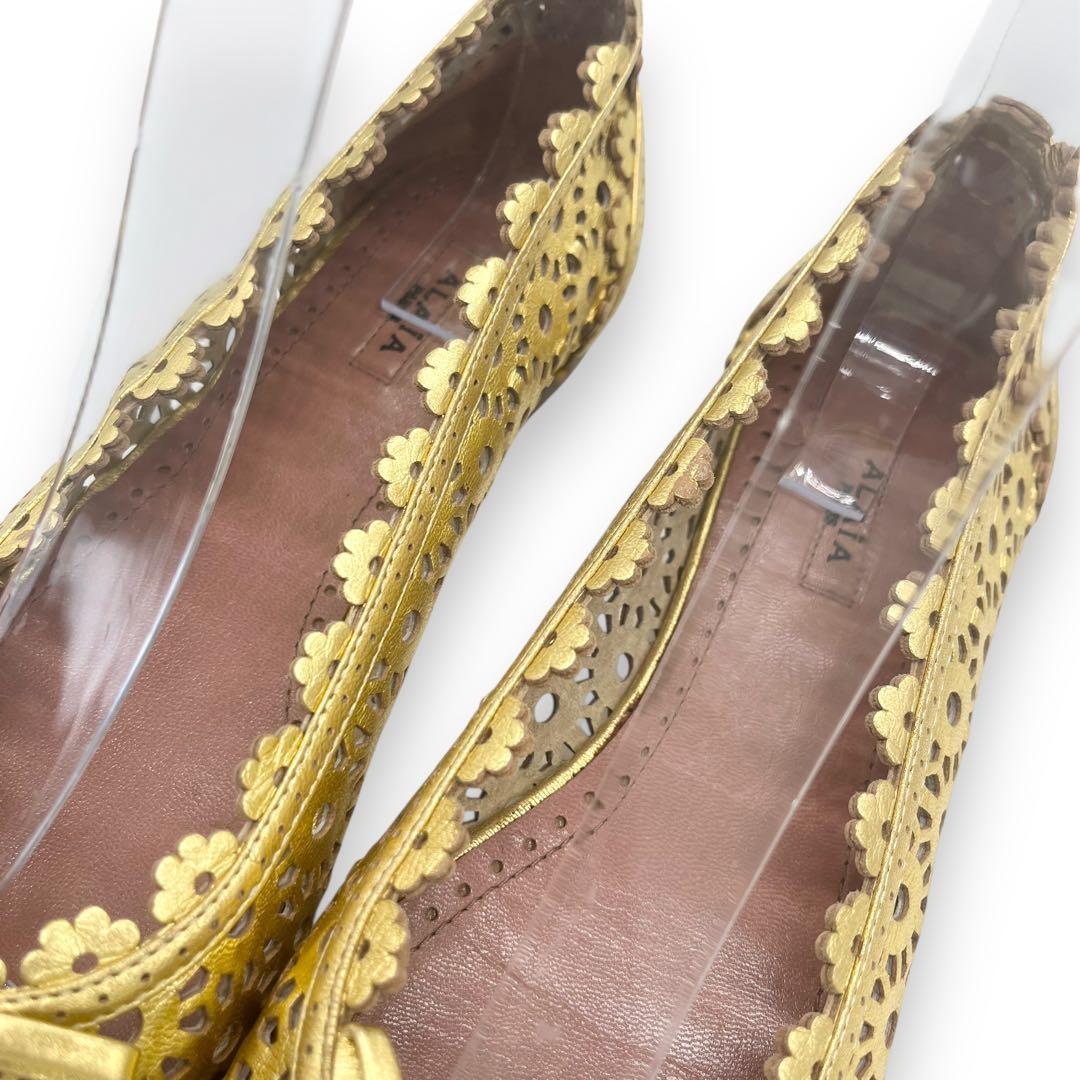 未使用■アライア　カットワーク　フラットシューズ　ゴールド　リボン　レザー　35